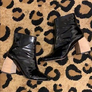 Patent leather booties with cork heel